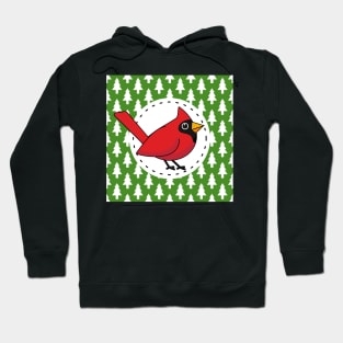 Cartoon Red Cardinal on Green White Pines Pattern Hoodie